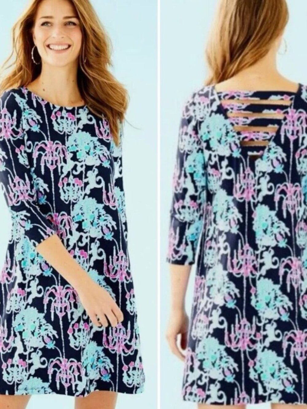 LILLY PULITZER Ophelia Dress LARGE, Navy Monkey Trouble Chandelier